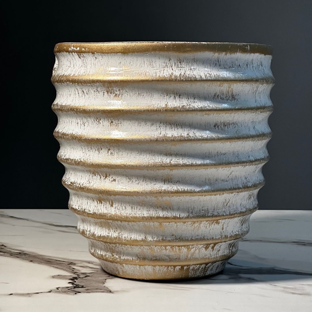 Fiberglass Pot Planter – Ring Design in White with Golden Texture (10x10 Inches) for Minimal Indoor & Outdoor Déco