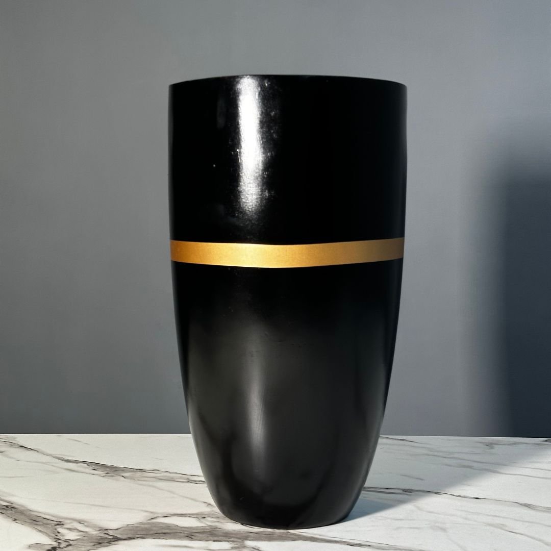 Fiberglass Pot Planter – Black Cylinder Design with Golden Stripes (18x10 Inches) for Elegant Indoor & Outdoor Décor